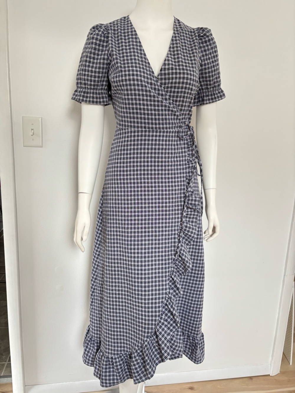 Lulu's Navy and White Gingham Wrap Midi Dress